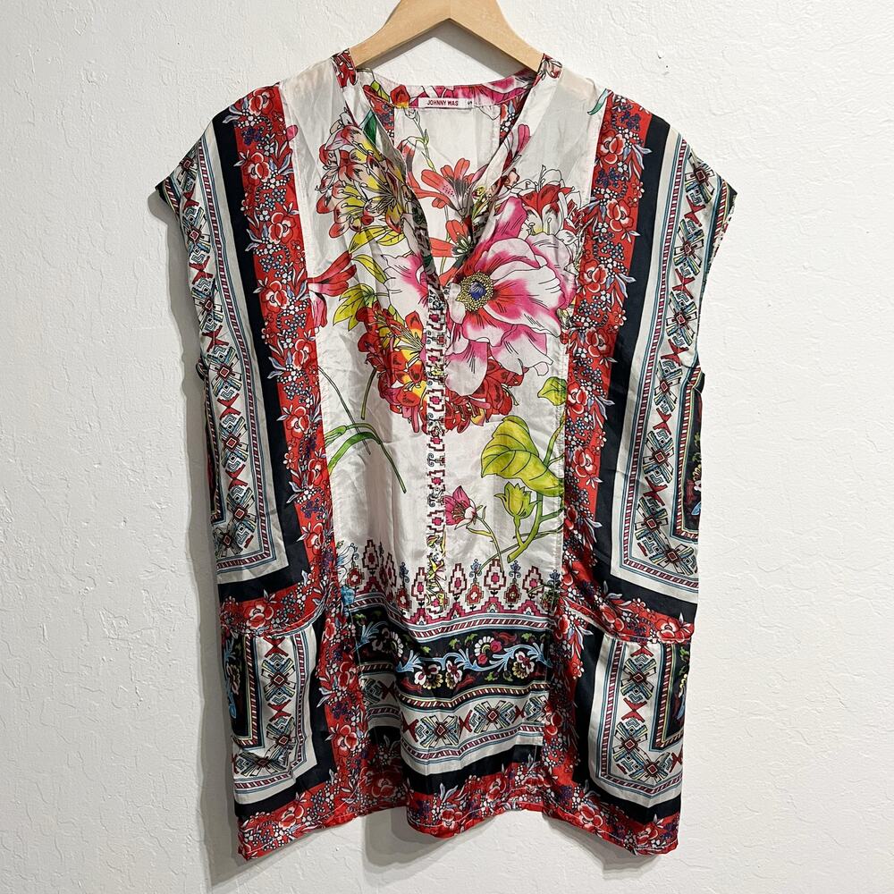 Johnny Was Top Womens Small Silk Tunic Button Floral Boho Pockets Sleeveless